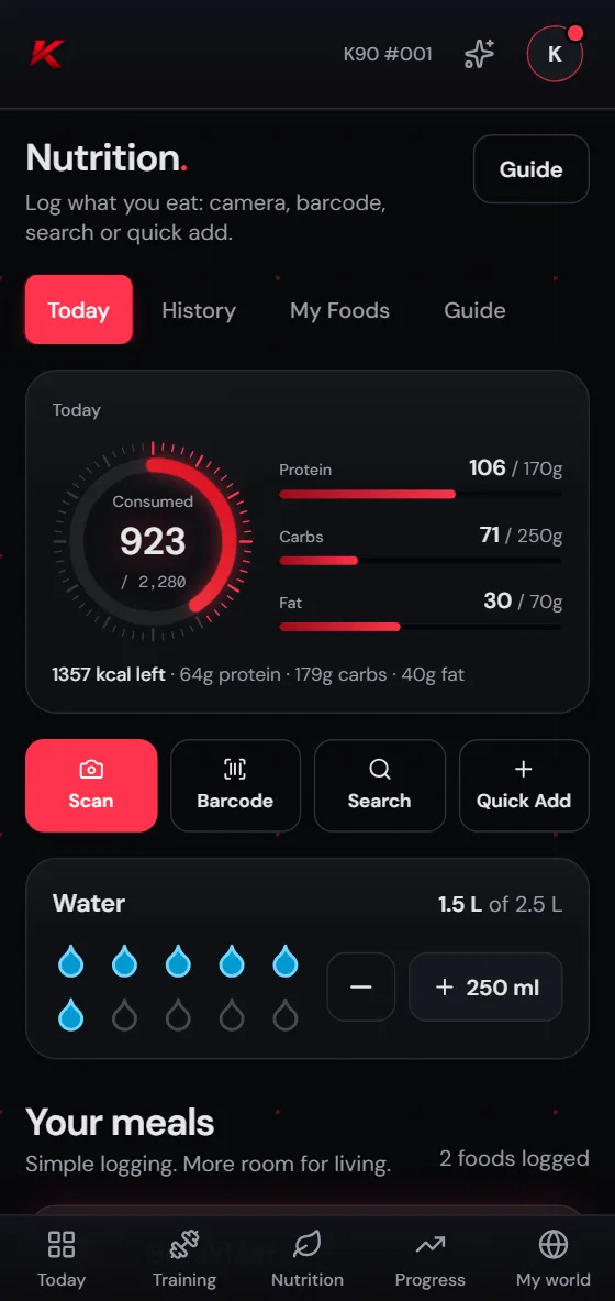 The nutrition screen with calories, protein, carbs and fat for the day