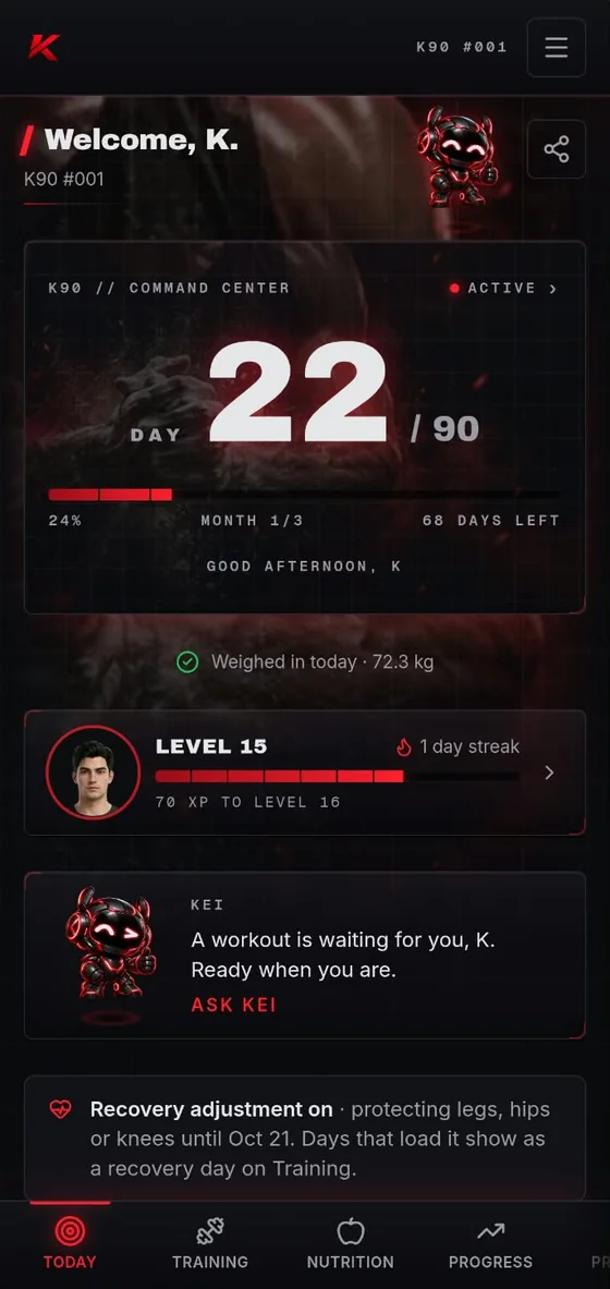 The K90 Today screen: day 22 of 90, level 15 and today's workout