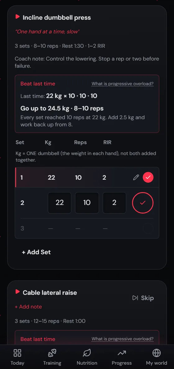 Logging weight, reps and reps in reserve with last time's numbers shown