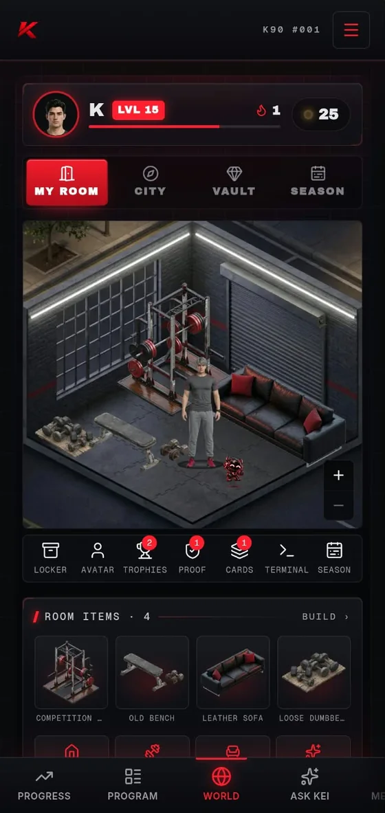 A gym room in K90 World with a rack, bench and sofa